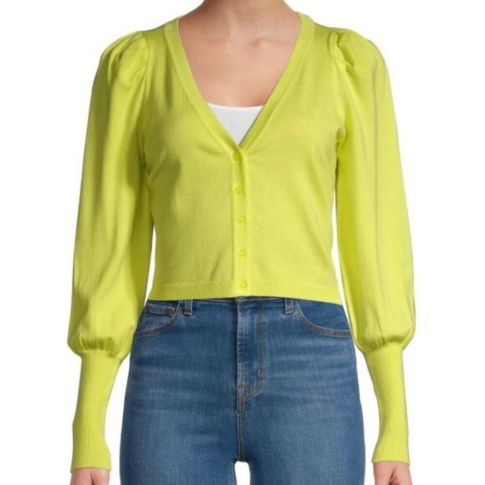 525 America V-Neckline Puffed-Sleeve Ribbed Cropped Cardigan Size Large